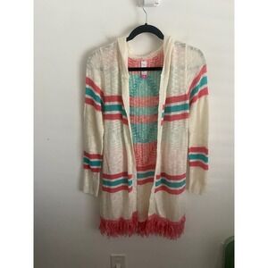 Womens‎ Coral Teal Striped Fringe Hooded Open Cardigan